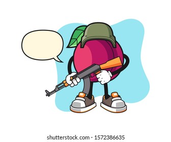 Plum soldier with speech bubble cartoon. Mascot Character vector.