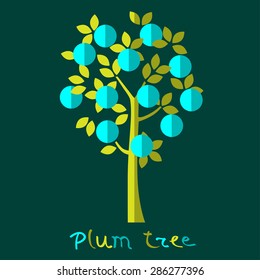 Plum tree vector illustration. Blue plum fruit.