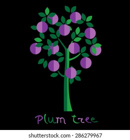 Plum tree vector illustration. Blue plum fruit.
