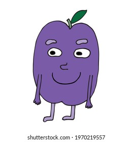 Plum. Vector character in cartoon style. Cheerful smiles. With arms and legs. Fruits. Healthy eating. Comics. Hand drawn in doodle style