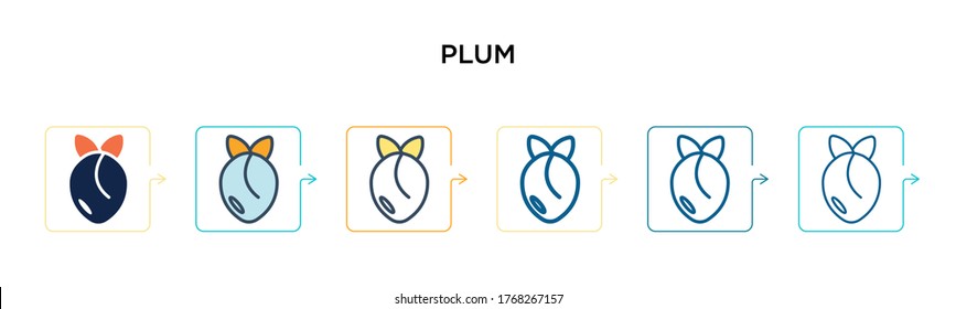 Plum vector icon in 6 different modern styles. Black, two colored plum icons designed in filled, outline, line and stroke style. Vector illustration can be used for web, mobile, ui