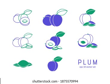 Pflaumen - Vektorsymbole gesetzt. Symbol für Web, Infografiken, Print Design und mobiles UX UI Kit. Vektorgrafik, EPS10.