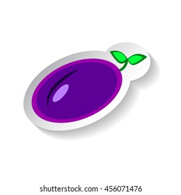 Plum vector illustration isolated on white background. Flat style fruit with shadow. Garden fruit plum patch. Plum sticker style square image. Summer fruit harvest. Minimal style oval purple plum