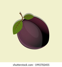 Plum vector, ripe plum isolated on yellow background.