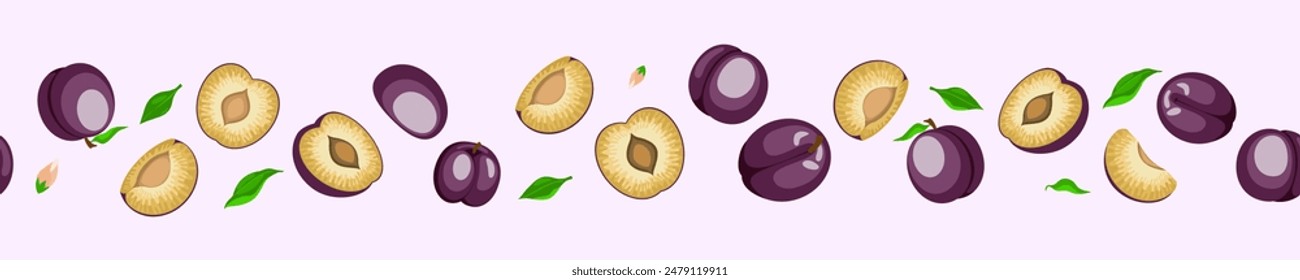 marco sin costuras de Vector de ciruela. un borde con ciruelas enteras voladoras y mitades de fruta. Frutas dulces de color púrpura con hojas. Fondo Horizontal con frutas de verano. ilustración de dibujos animados de frutas de ciruela