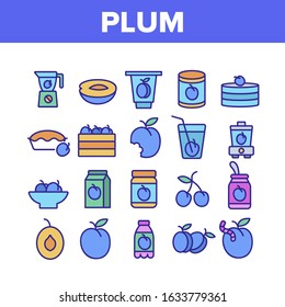Plum Vitamin Fruit Collection Icons Set Vector. Plum Sliced Piece And Healthy Drink Juice, Fresh And Pickles, Blender And Harvest Concept Linear Pictograms. Color Contour Illustrations