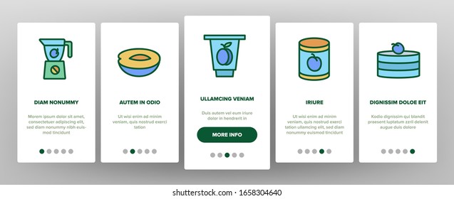 Plum Vitamin Fruit Onboarding Icons Set Vector. Plum Sliced Piece And Healthy Drink Juice, Fresh And Pickles, Blender And Harvest Illustrations