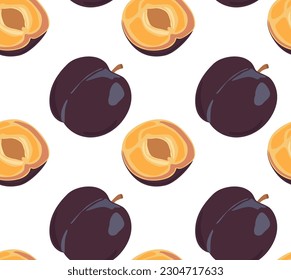 Plum whole and cut in half. Seamless pattern in vector. Suitable for backgrounds and prints.