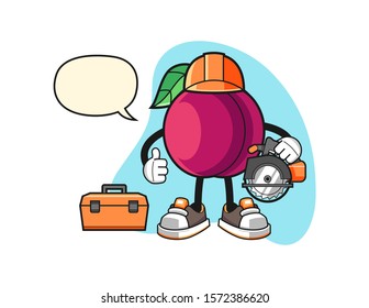 Plum woodworker with speech bubble cartoon. Mascot Character vector.