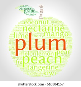 Plum. Word cloud in shape of fruit, grey gradient background. Natural food.