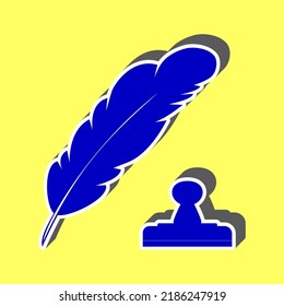 Plumage or feather and stamp sign. Blue Icon with white stroke in 3d at yellow Background. Illustration.