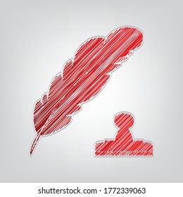 Plumage or feather and stamp sign. Red gradient scribble Icon with artistic contour gray String on light gray Background. Illustration.