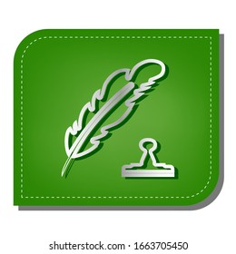 Plumage or feather and stamp sign. Silver gradient line icon with dark green shadow at ecological patched green leaf. Illustration.