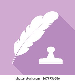 Plumage or feather and stamp sign. White Icon with long shadow at purple background. Illustration.