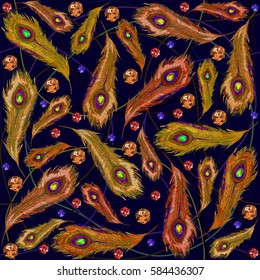 Plumage. Feathering. Beautiful vector Peacock feathers. Seamless pattern. Vector colorful wedding illustration. Falling Gems. Abstract Background. Design. Vector illustration. Collection