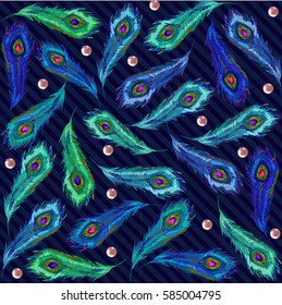 Plumage. Feathering. Beautiful vector Peacock feathers. Seamless pattern. Vector colorful wedding illustration. Vector illustration