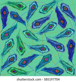 Plumage. Feathering. Beautiful vector Peacock feathers. Seamless pattern. Vector colorful  illustration. Vector illustration