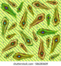 Plumage. Feathering. Beautiful vector Peacock feathers. Seamless pattern. Vector colorful wedding illustration. Background with Pearls.