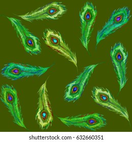 Plumage. Feathering. Beautiful vector Peacock feathers. Seamless pattern. Vector colorful wedding illustration. Set of ethnic feathers. Ethnic seamless pattern in native style.