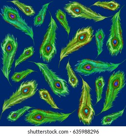 Plumage. Feathering. Beautiful vector Peacock feathers. Seamless pattern. Vector colorful wedding illustration. Set of ethnic feathers. Ethnic seamless pattern in native style.