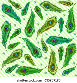 Plumage. Feathering. Beautiful vector Peacock feathers. Seamless pattern. Vector colorful wedding illustration. Set of ethnic feathers. Ethnic seamless pattern in native style.