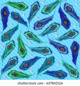 Plumage. Feathering. Beautiful vector Peacock feathers. Seamless pattern. Vector colorful wedding illustration. Background with Pearls.