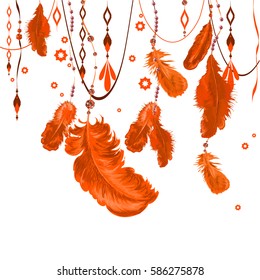 Plumage. Feathering. Boho illustration. Template greeting card or invitation with feather. border of ornate feathers and crystals. 