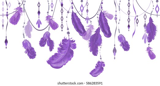 Plumage. Feathering. Boho illustration. Template greeting card or invitation with feather. Seamless border of ornate feathers and crystals. 