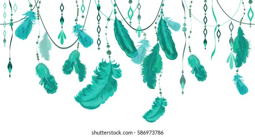 Plumage. Feathering. Boho illustration. Template greeting card or invitation with feather. Seamless border of ornate feathers and crystals. 