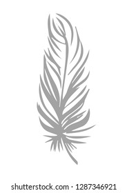 Plumage on white background. Vector isolated plume. Feather contour. For logo, icon, sign, emblem, fabric and clothes design, wallpaper, scrapbooking, stamp, cliche, bed linen, wrapping paper.