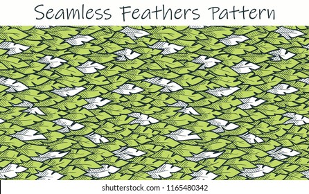 Plumage pattern. White feathers on a background of yellow feathers. Colorful vector illustration of seamless plumage pattern in hand drawn style. Element for your design, textile, wrapping, wallpaper.