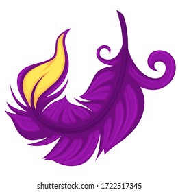 Plumage or rare or tropical bird in closeup. Isolated icon of purple plumelet, curved exotic feather used for decoration and design of clothes and accessories. Soft and light plume, vector in flat