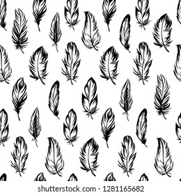 Plumage seamless pattern. Vector isolated plume on white background. Black feathers. Used for fabric and clothes design, wallpaper, scrapbooking.