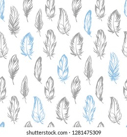 Plumage seamless pattern. Vector isolated plume on white background. Gray, light-blue feathers. Used for fabric and clothes design, wallpaper, scrapbooking.