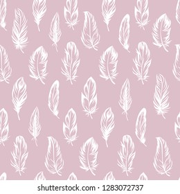 Plumage seamless pattern. Vector isolated plume on pink (powdery) background. White feathers. Used for fabric and clothes design, wallpaper, scrapbooking, stamping.