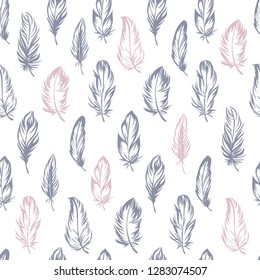 Plumage seamless pattern. Vector isolated plume on white background. Gray, pink (powdery) feathers. Used for fabric and clothes design, wallpaper, scrapbooking, stamping.