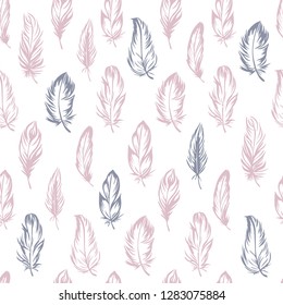 Plumage seamless pattern. Vector isolated plume on white background. Pink (powdery), gray feathers. Used for fabric and clothes design, wallpaper, scrapbooking, stamping.