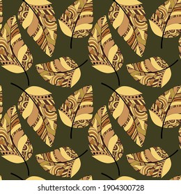 Plumage seamless pattern. Vector isolated plume on a green background. Bright colored feathers. Design of fabrics and clothes, wallpaper, scrapbooking, embossing, bed linen. Stock vector.