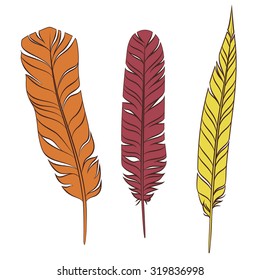 Plumage. Set of red, yellow and orange feathers for your design, artworks and prints. Vector illustration of colorful feathers isolated on a white background. Stylish quill.