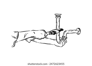 Plumb plumbing install repair service, hand drawn line drawing sketch vector illustration