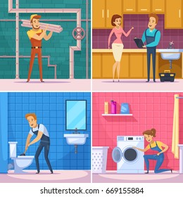 Plumber 2x2 design concept with professional  workers busy repair of plumbing equipment and home appliances flat vector illustration 
