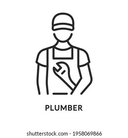 Plumber with adjustable wrench flat line icon. Vector illustration worker worker with a tool in overalls