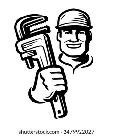 Plumber with an adjustable wrench. Plumbing repair work emblem or logo. Black and white vector illustration