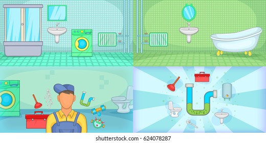 Plumber banner set horizontal in cartoon style for any design vector illustration