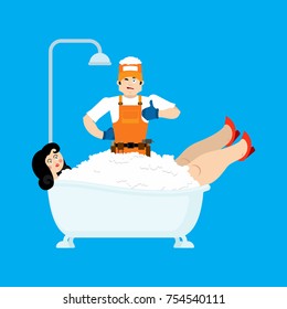 Plumber and bath and girl. Repair and maintenance of bathrooms. Vector illustration
