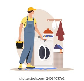 Plumber in bathroom concept. Man in uniform with toolbox near washing machine. Repairman with wrench fix problem with pipes and water. Cartoon flat vector illustration isolated on white background