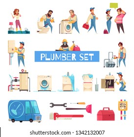 Plumber big cartoon set with burst pipes repair flooded home fixing sanitary washing machine installation vector illustration