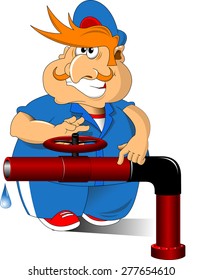 Plumber in blue overalls and red cap, vector