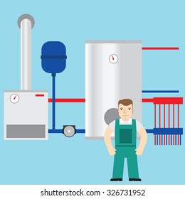 Plumber and boiler room in the background. Vector.