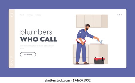 Plumber Call Master Fix Sanitary, Plumbing Work Landing Page Template. Handyman Character in Robe Fixing Broken Sink at Home Kitchen. Husband for an Hour Repair Service. Cartoon Vector Illustration